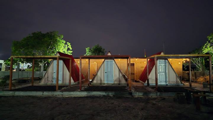 The cabins lit up at night
